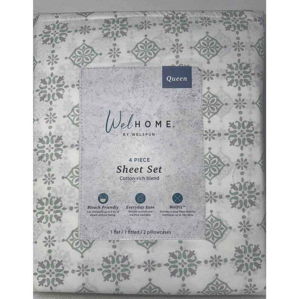Welhome Cotton Blend Sateen Weave ~White/Ditsy Medalion~4pc Sheet Set, Queen